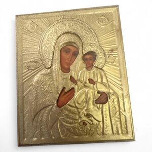 Gold Religious Icon Art Stamped Metal Plaque Russian Virgin Mary and Holy Child
